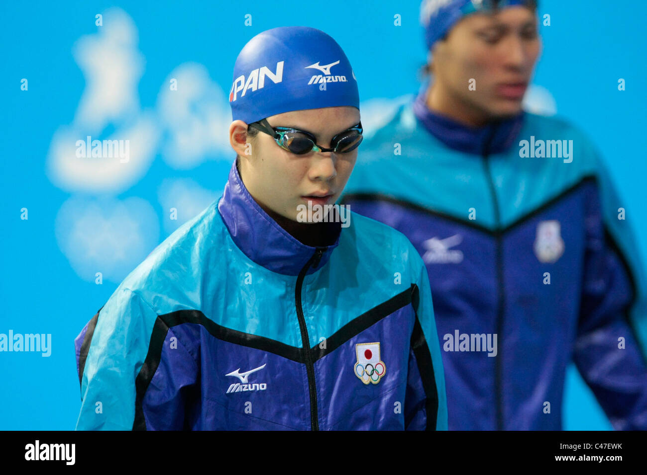Team Japan getting ready for the start of the Mixed 4x100m Medley Relay Finals. Stock Photo