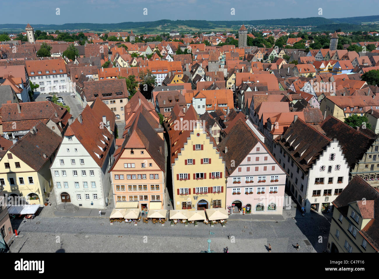 panorama view over german famous medieval city Rothenburg ob der Tauber with historical old houses Stock Photo