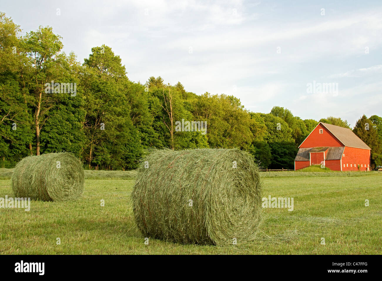 Hay with hay bale on New Hampshire Farm, New England Stock Photo Alamy