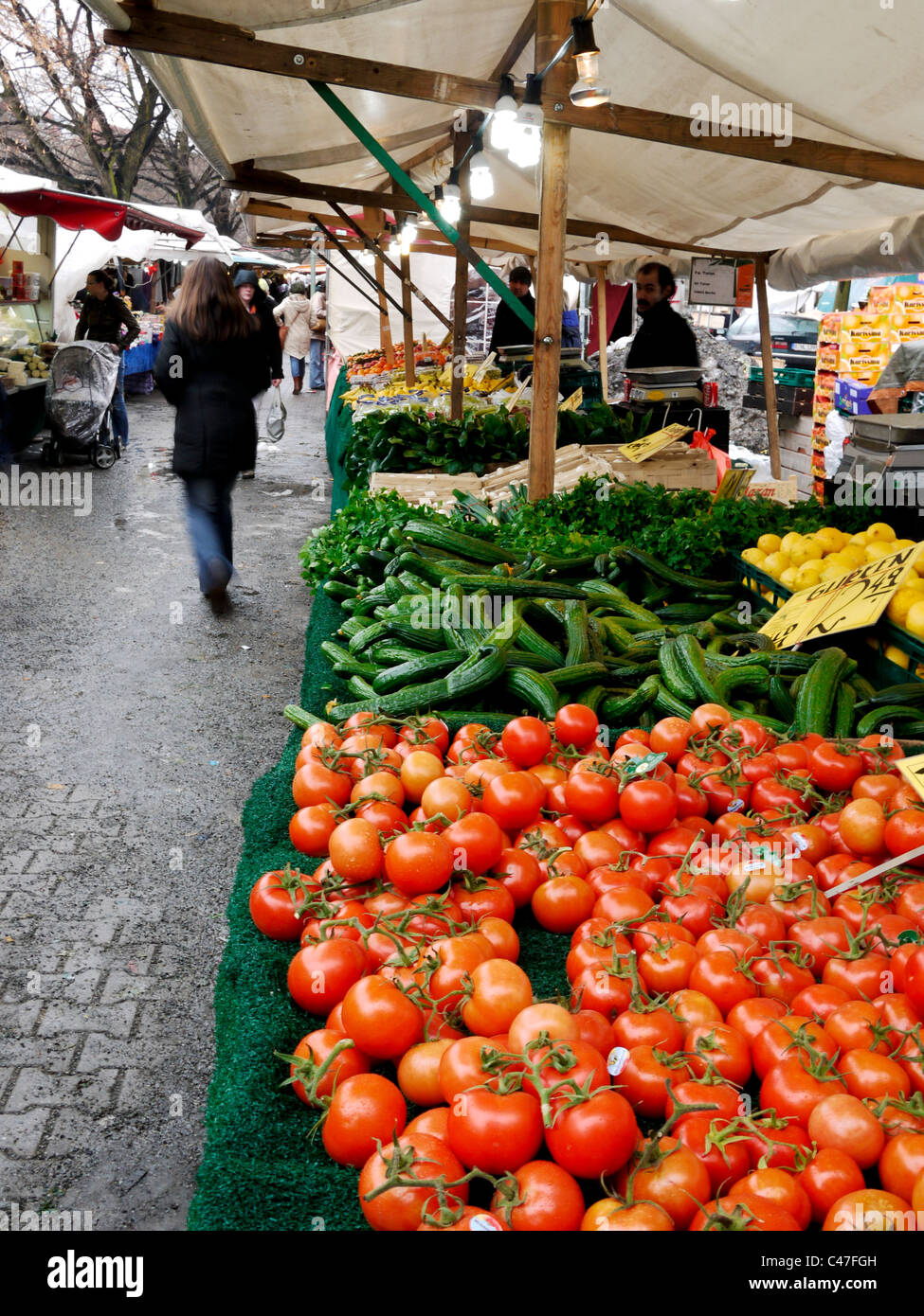 Tomatoes and cucumbers on turkish market in Berlin Feb 2010 Stock Photo