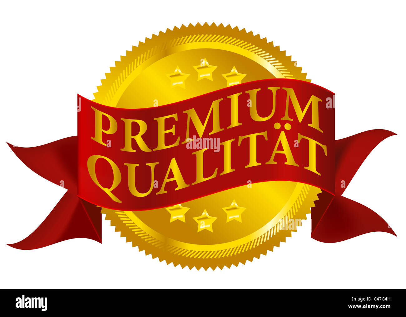 Red and Golden Premium Quality Seal Isolated on White - German Version Stock Photo