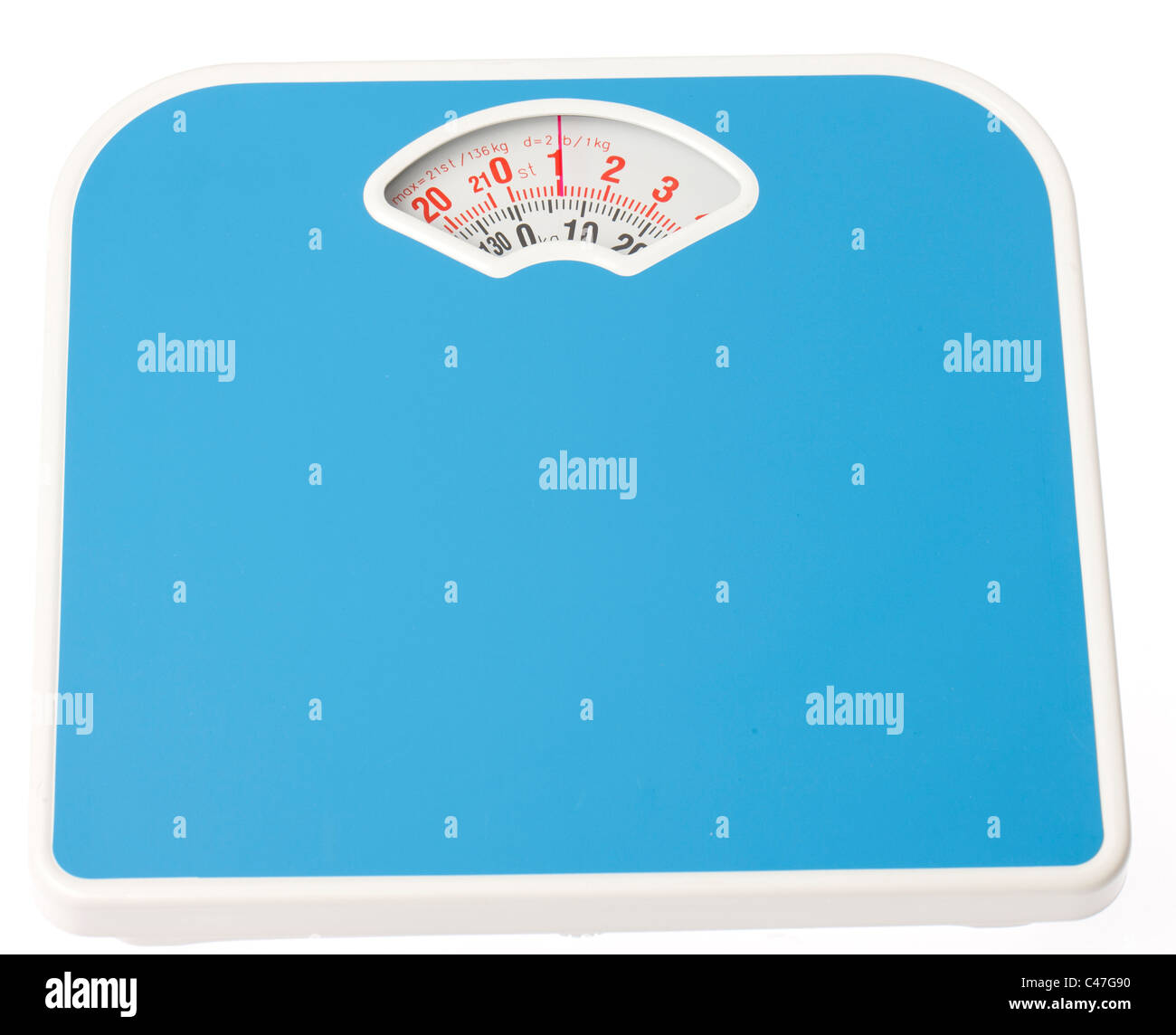 A blue bathroom scale on isolated white background Stock Photo