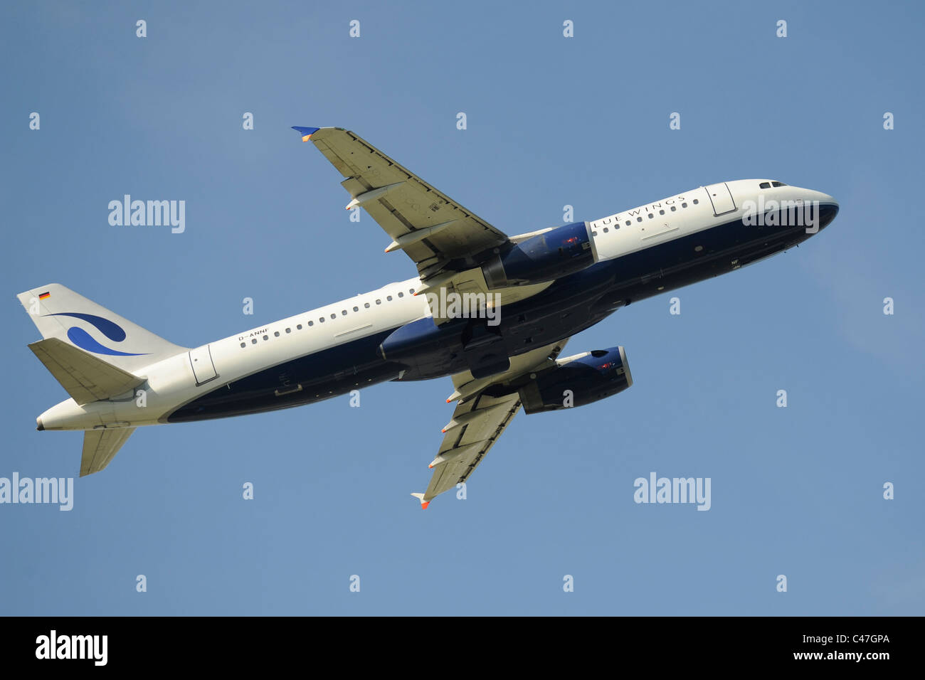airplane Airbus of german airline BLUE WINGS at takeoff from airport