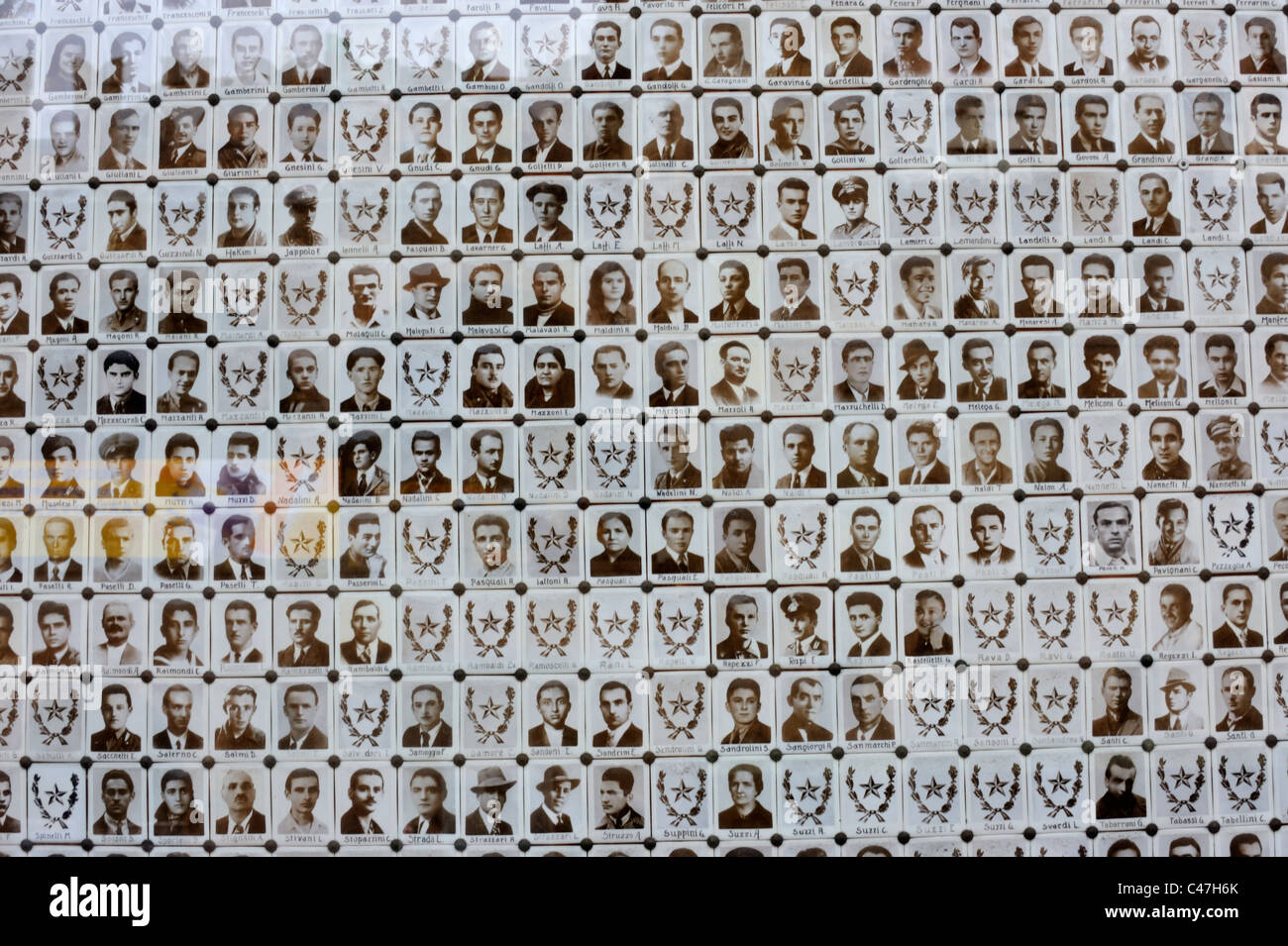 The faces of partisans martyred during the German occupation of World War 2 displayed in Palazzo Comunale in Bologna Stock Photo
