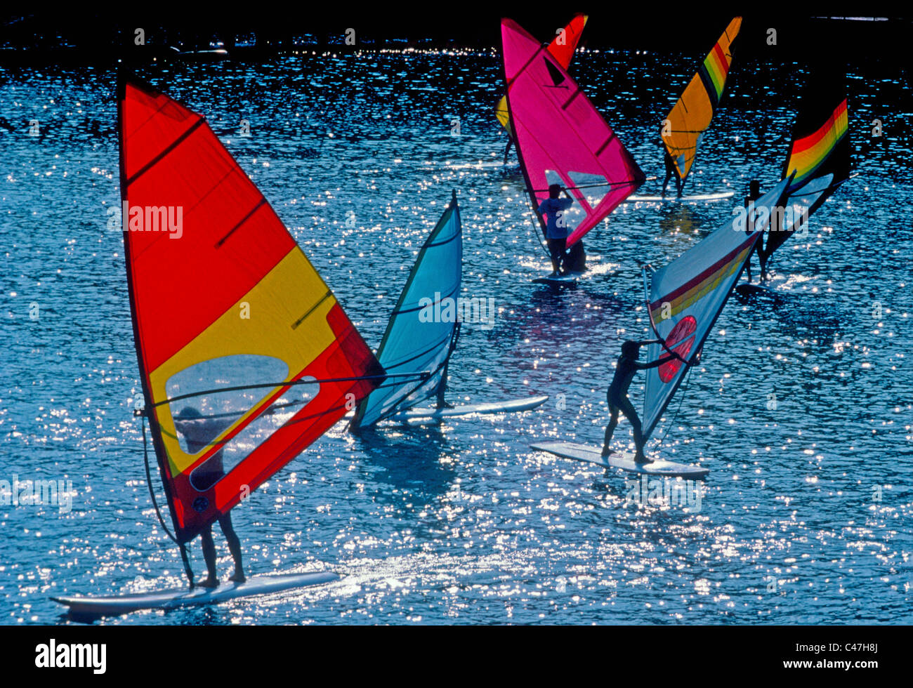 Young windsurfers learn techniques of this popular water sport in Dana