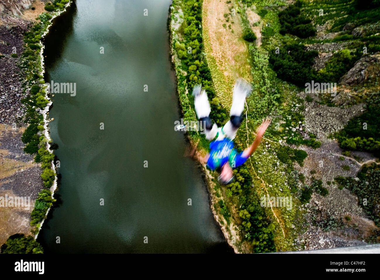 Base jumper jumping off of the Perrine Bridge near Twin Falls Stock Photo