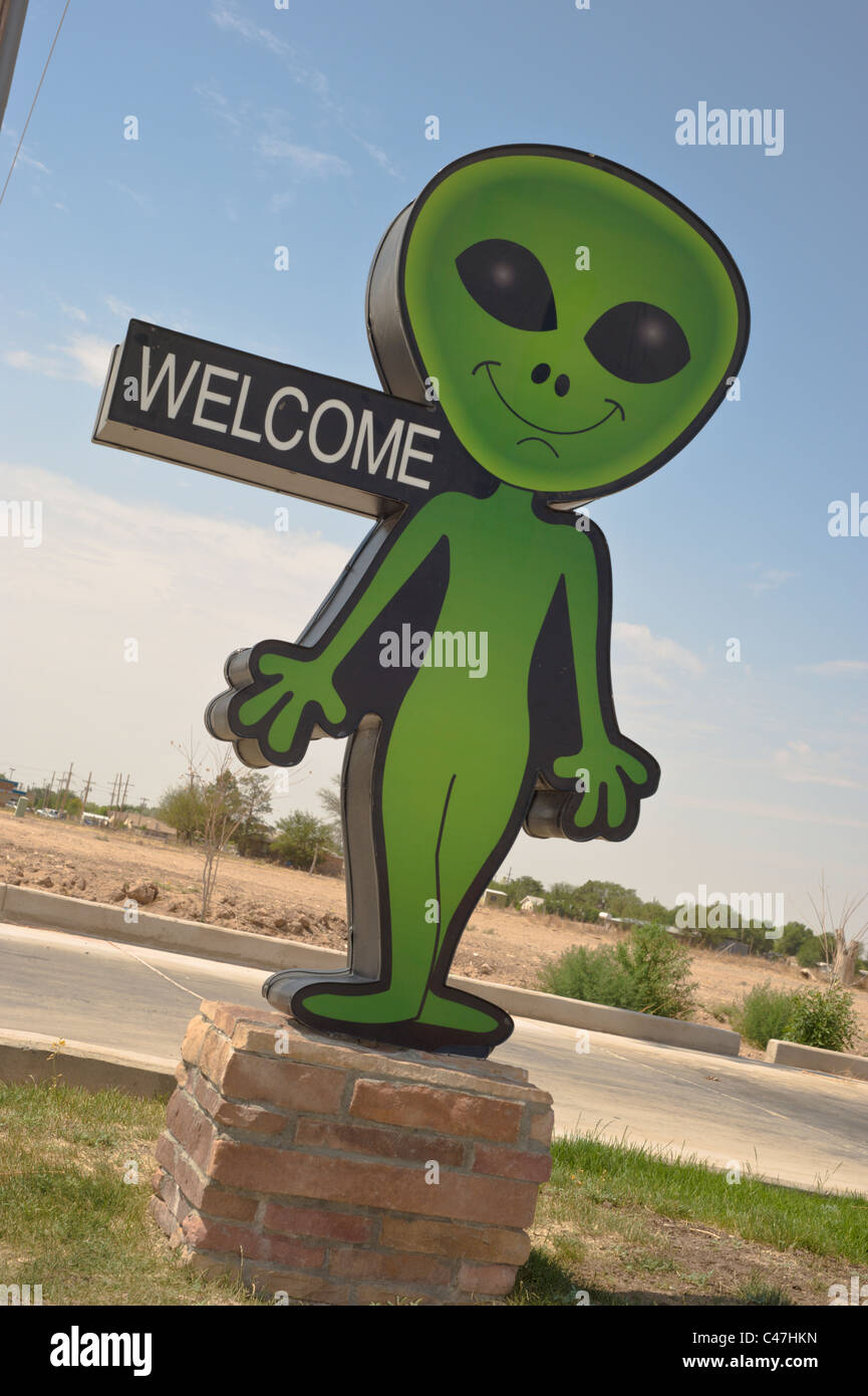 A smiling alien greets visitors to Roswell, New Mexico. Stock Photo