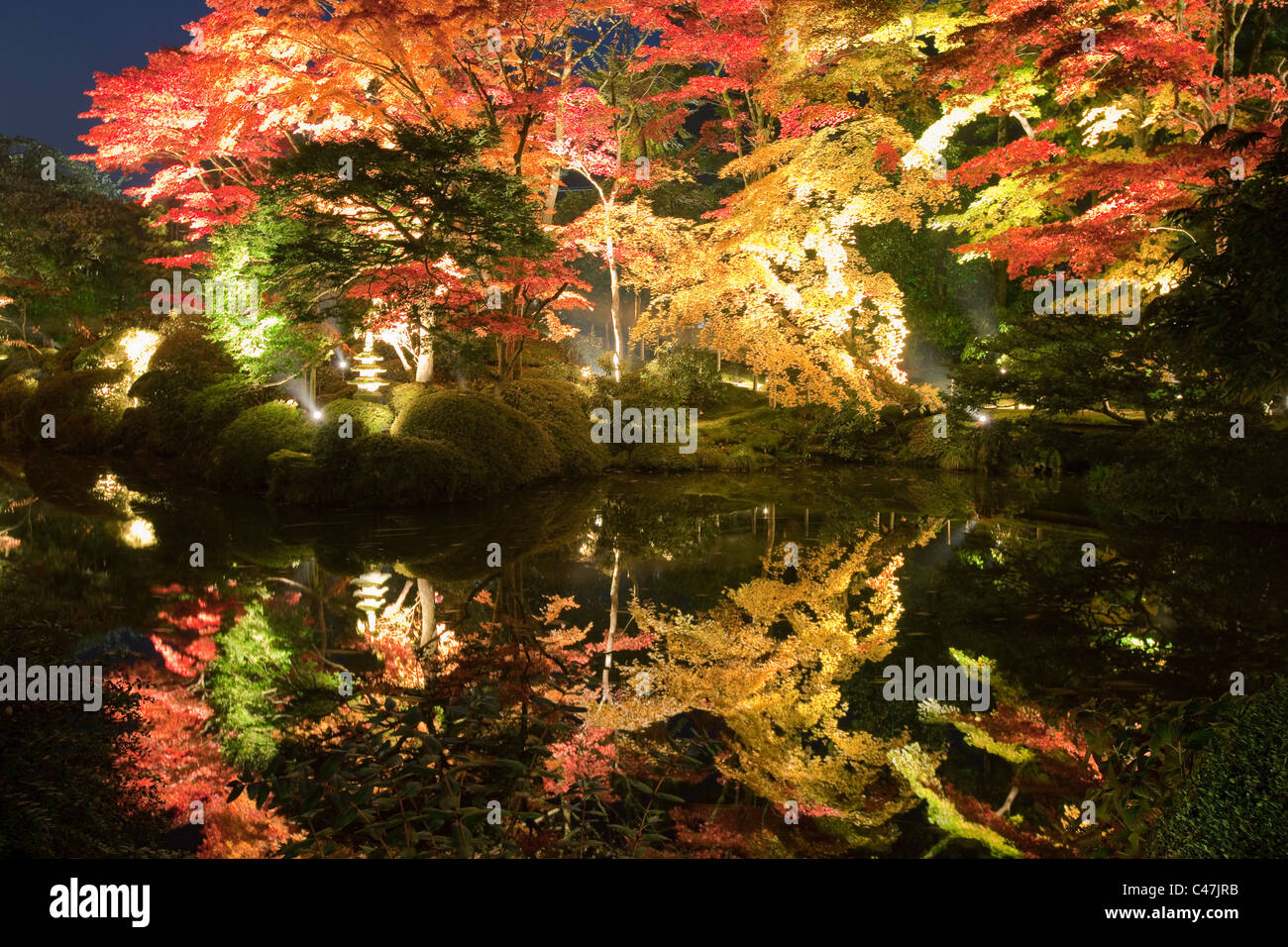 Special autumn evening 'light up' of Shoyo-en Garden, Rinno-ji Temple, Nikko, Tochigi Prefecture, Japan. Stock Photo