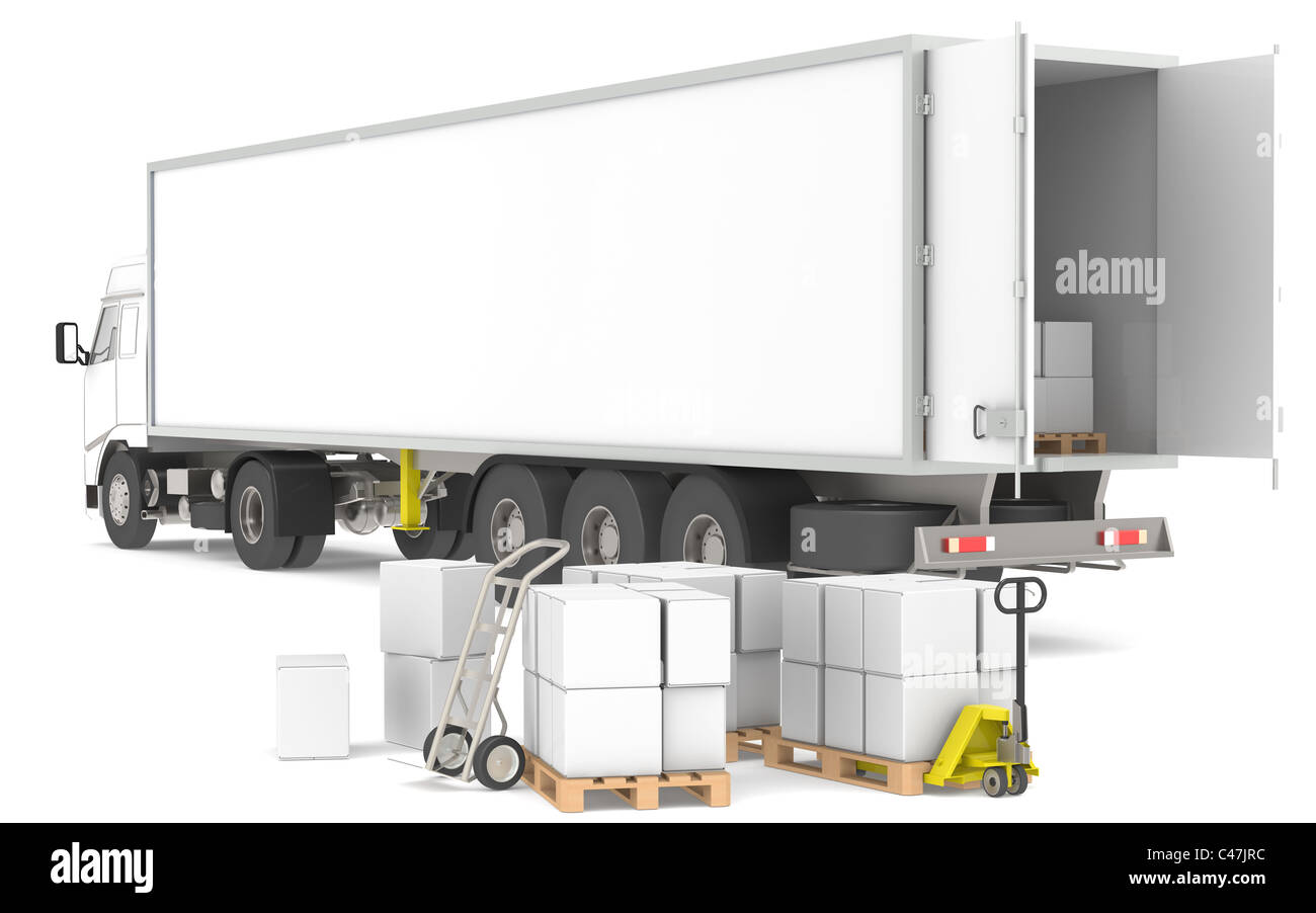 Distribution. Open trailer with pallets, boxes and trucks. Part of a Blue and yellow Warehouse