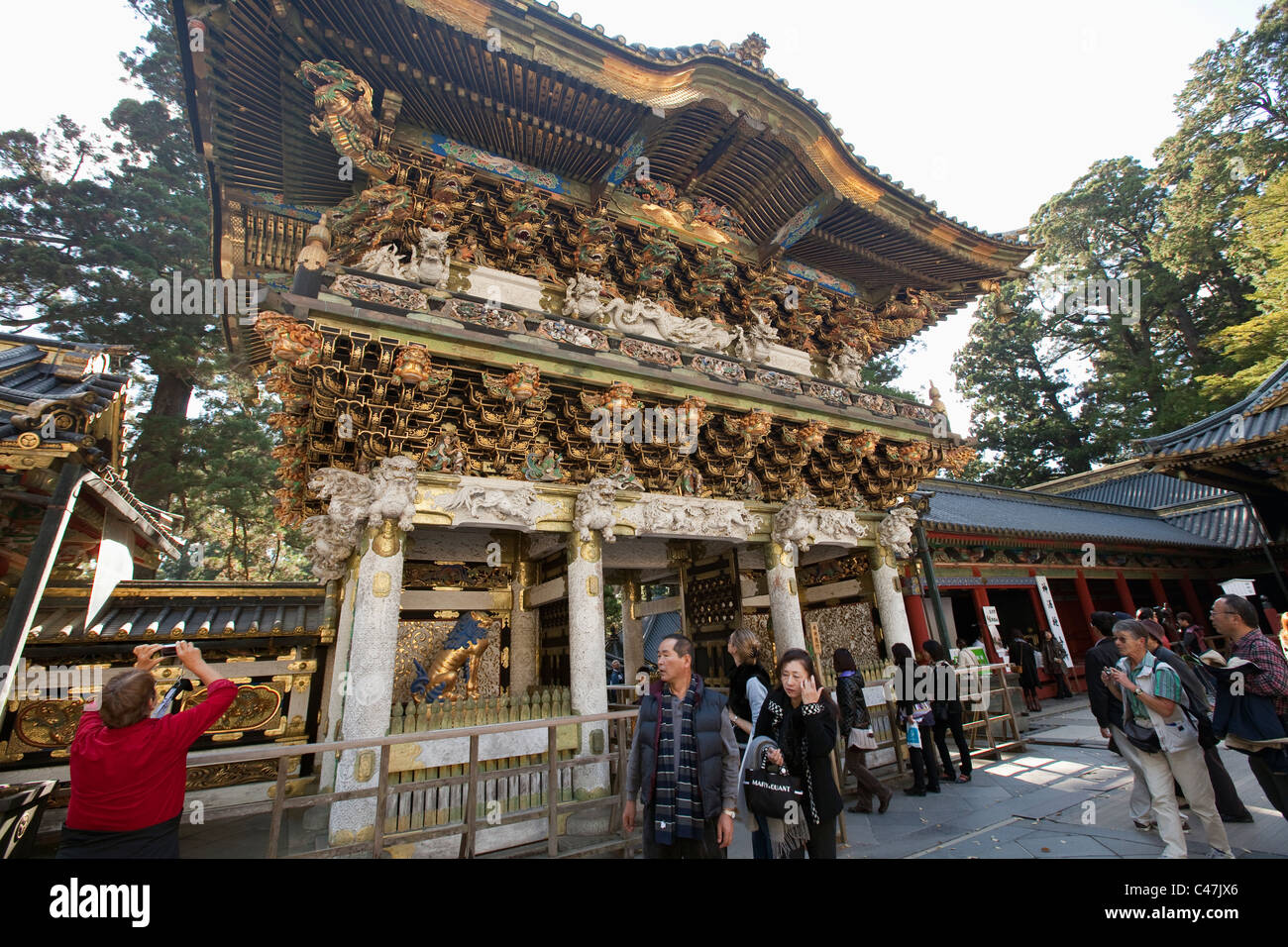 People in front of Yomeimon Gate at Tosho-gu Shrine, Nikko, Tochigi Prefecture, Japan. Stock Photo