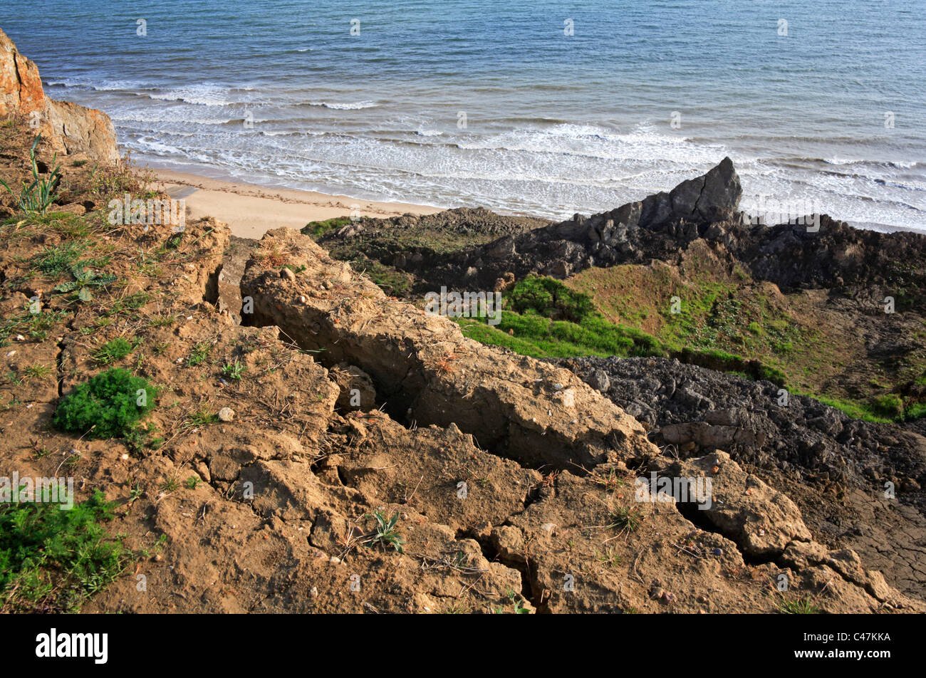 Cracks in the cliff top indicative of coast erosion at Sidestrand, Norfolk, England, United