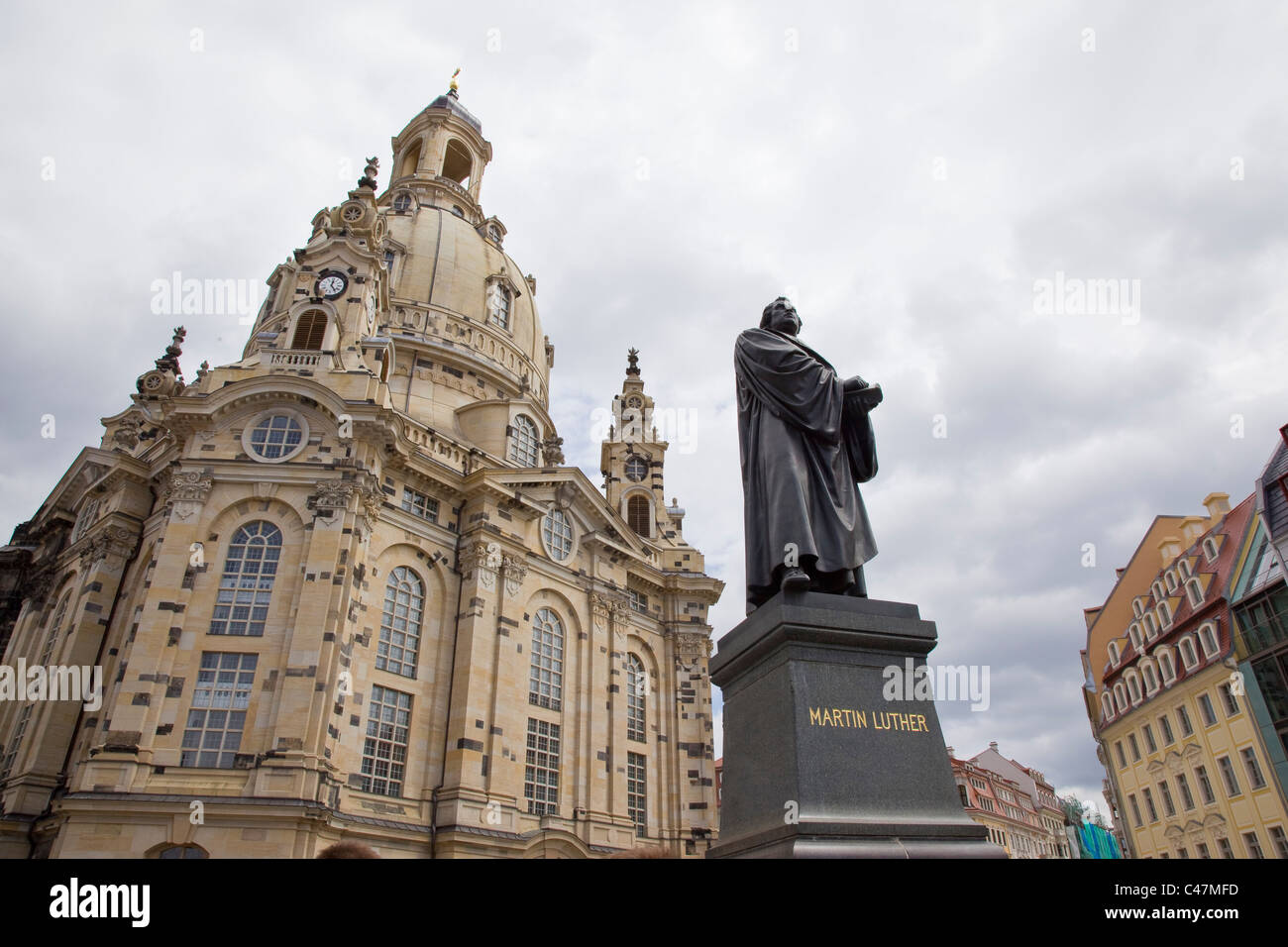 Photograph of the statue of Martin Luther in front of his church in the city of Dresden Stock Photo