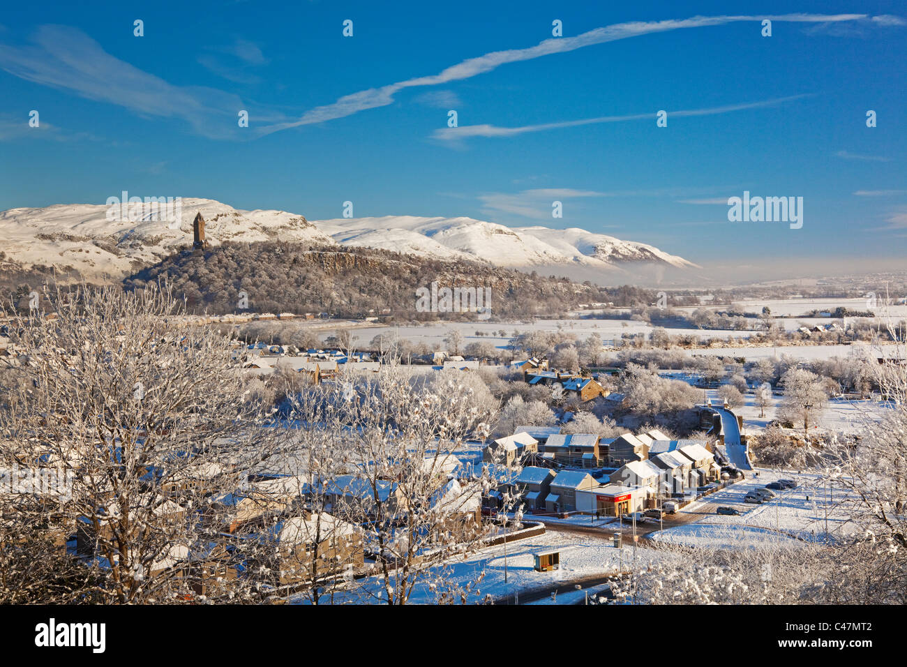 The Wallace Monument, Abbey Craig, and the Ochil Hills from Stirling Stock Photo