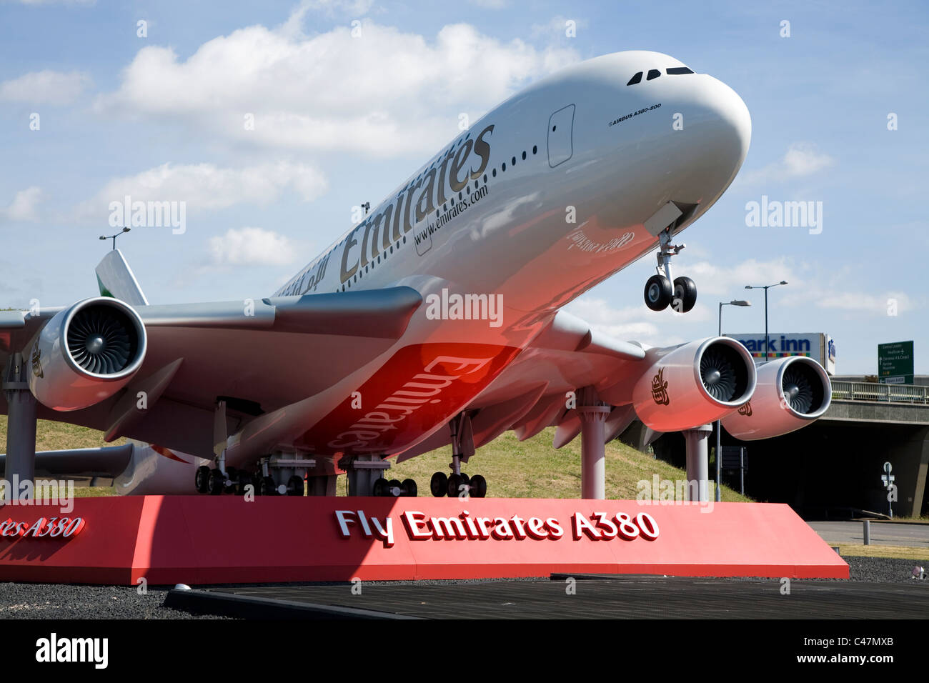Big scale model of an Emirates Airbus A380-861 A6-EDH plane at the gateway to London Heathrow airport near the A4 road. UK