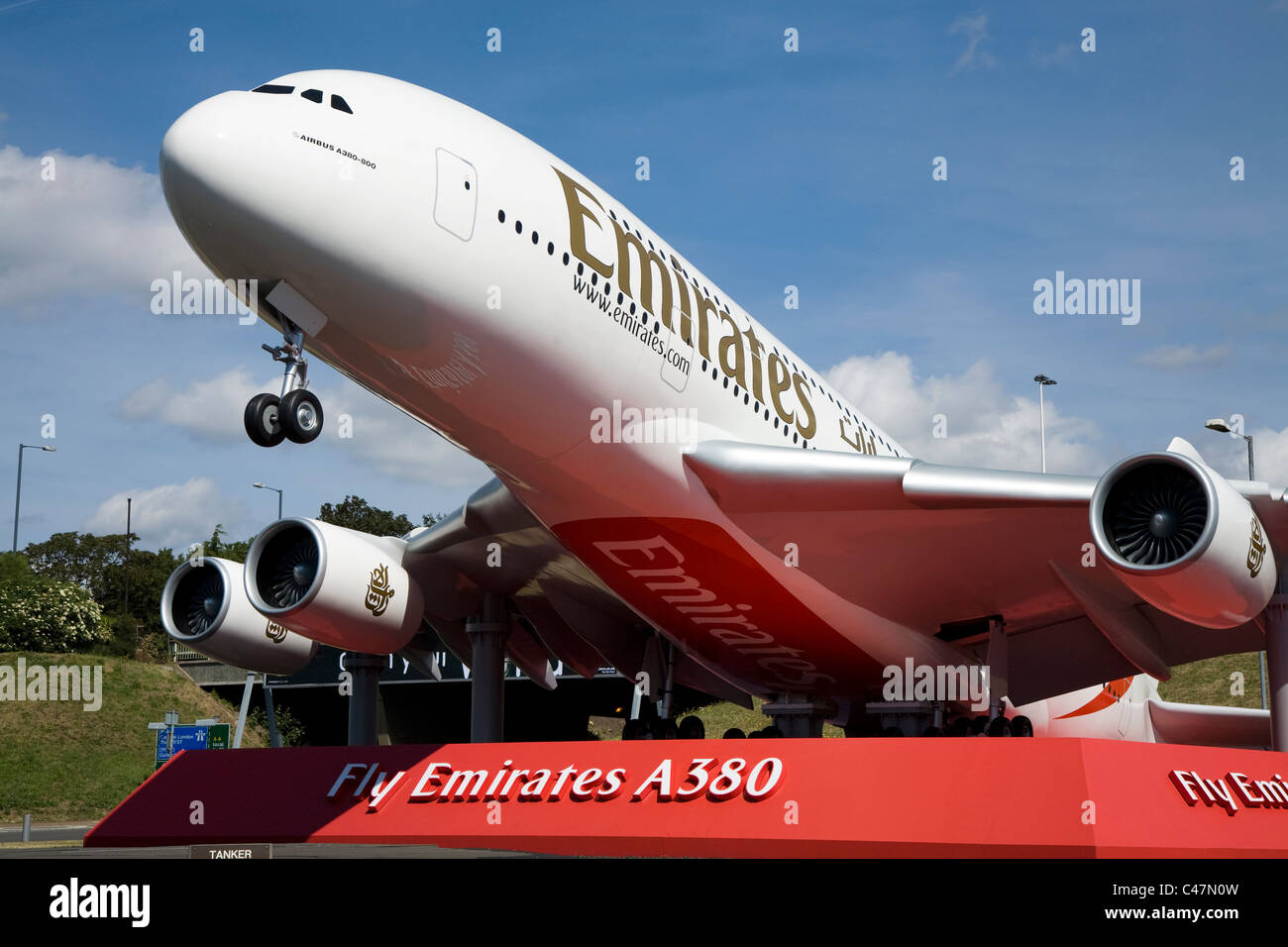 Big scale model of an Emirates Airbus A380-861 A6-EDH plane at the gateway to London Heathrow airport near the A4 road. UK Stock Photo