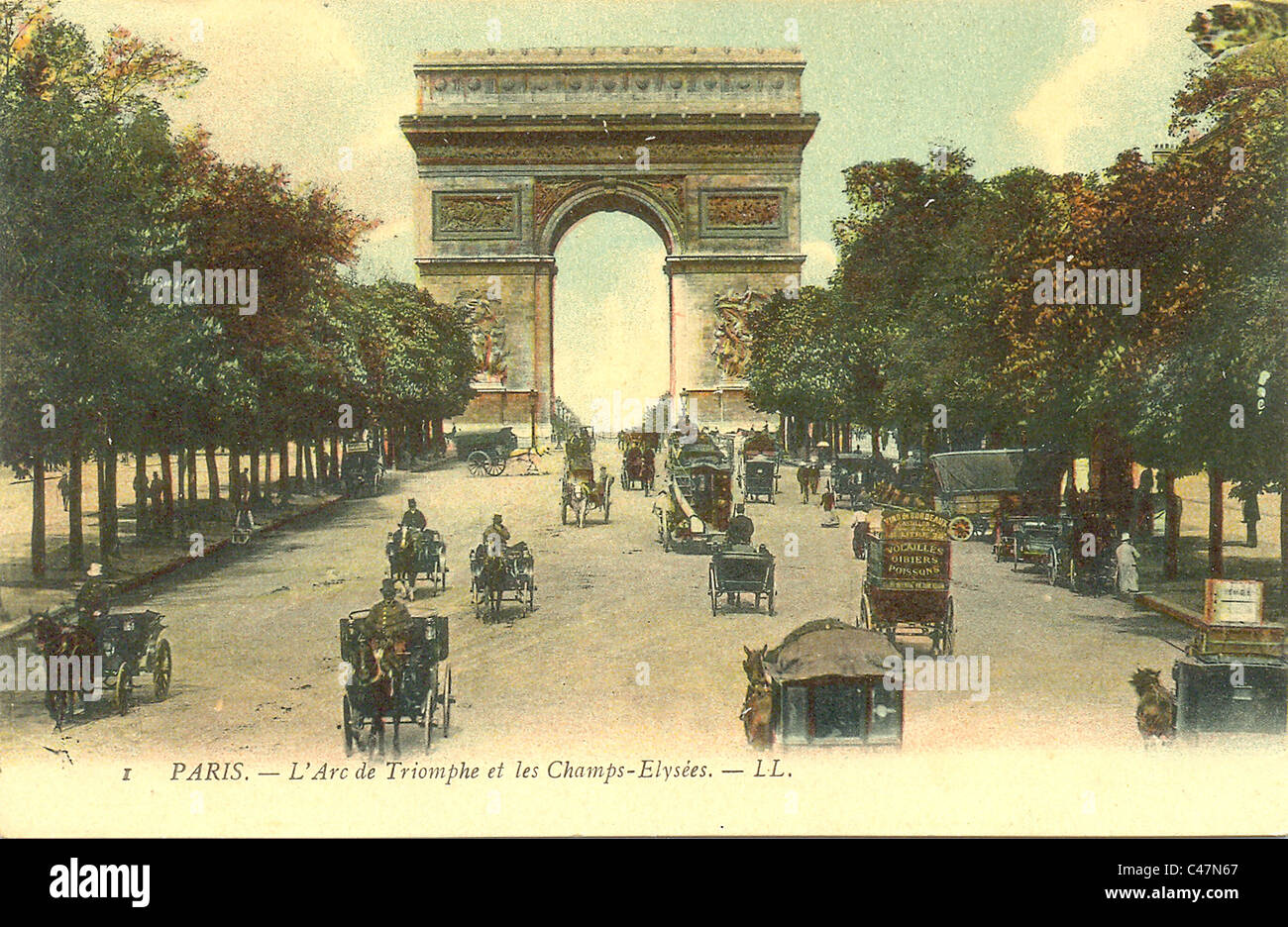 Postcard of  Arc de Triomphe and Champs-Elysees  Paris, Stock Photo