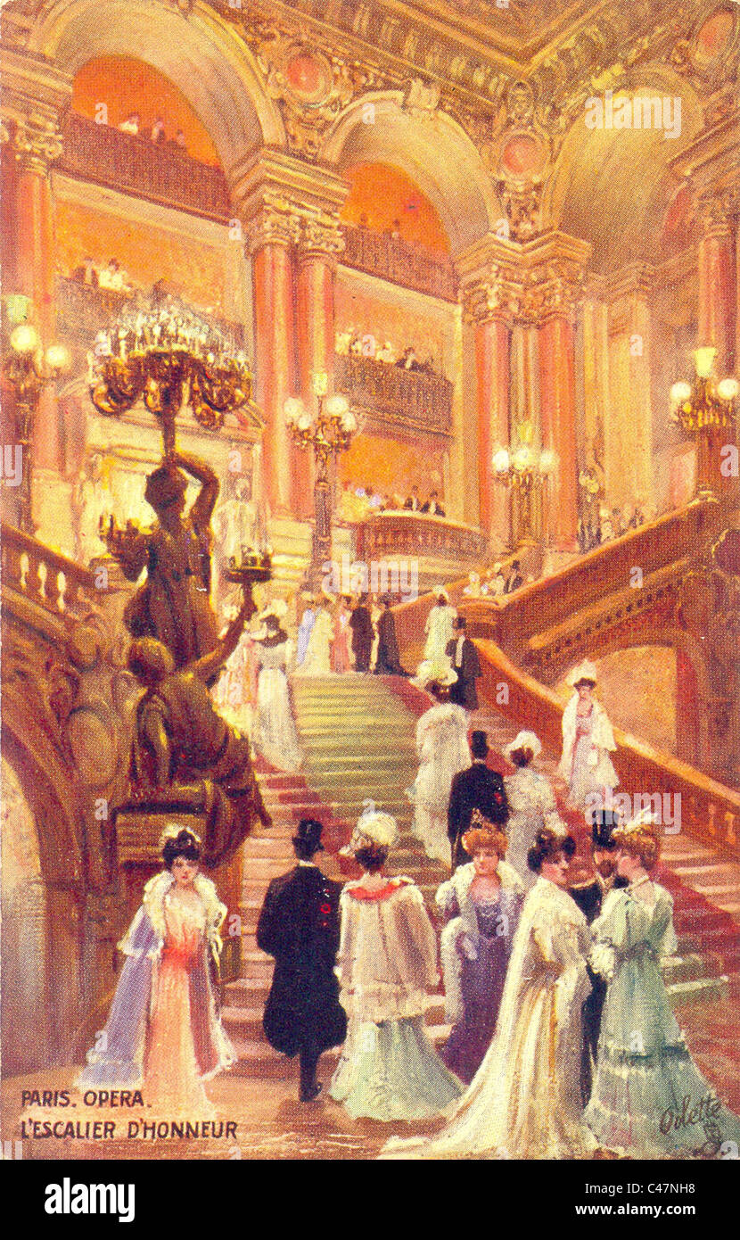 Postcard of the main staircase of the Opera House, Paris Stock Photo