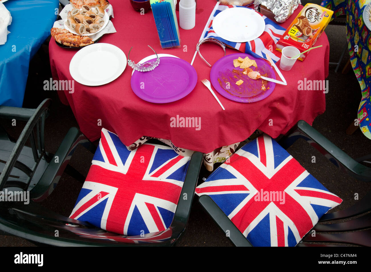 The remains of a street party held in Redditch, Worcestershire, UK,to celebrate Prince William and Kate Middleton's wedding Stock Photo
