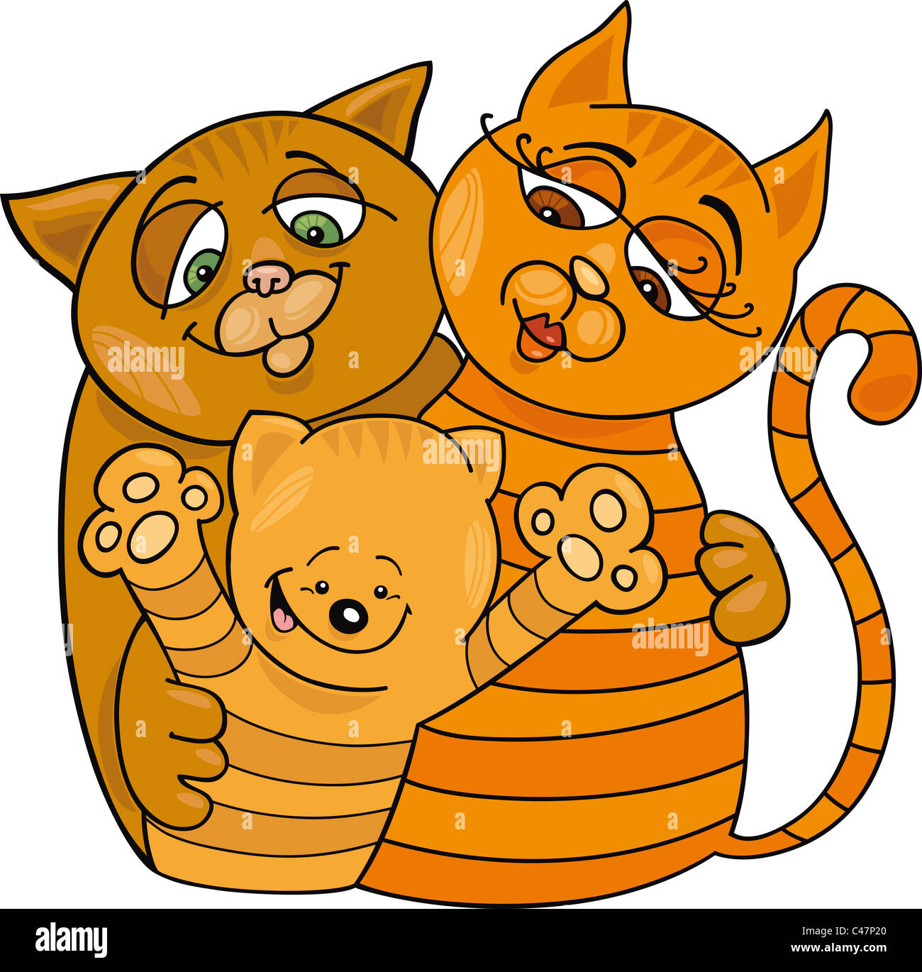 Cartoon illustration of happy cats family Stock Photo