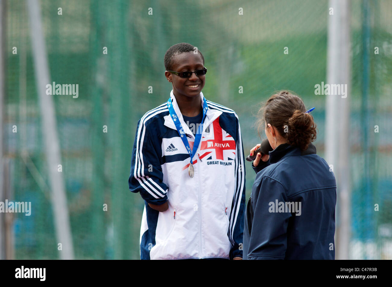 ola abidosun being interviewed after winning at paralympic world cup, manchester, may 2011 Stock Photo