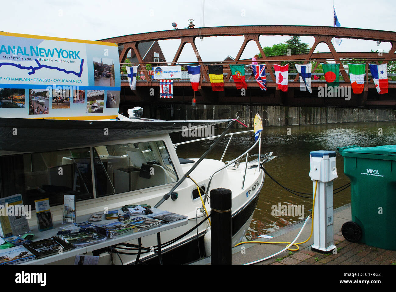 Boat tied up on canal promotes Erie canal and tourism Stock Photo - Alamy