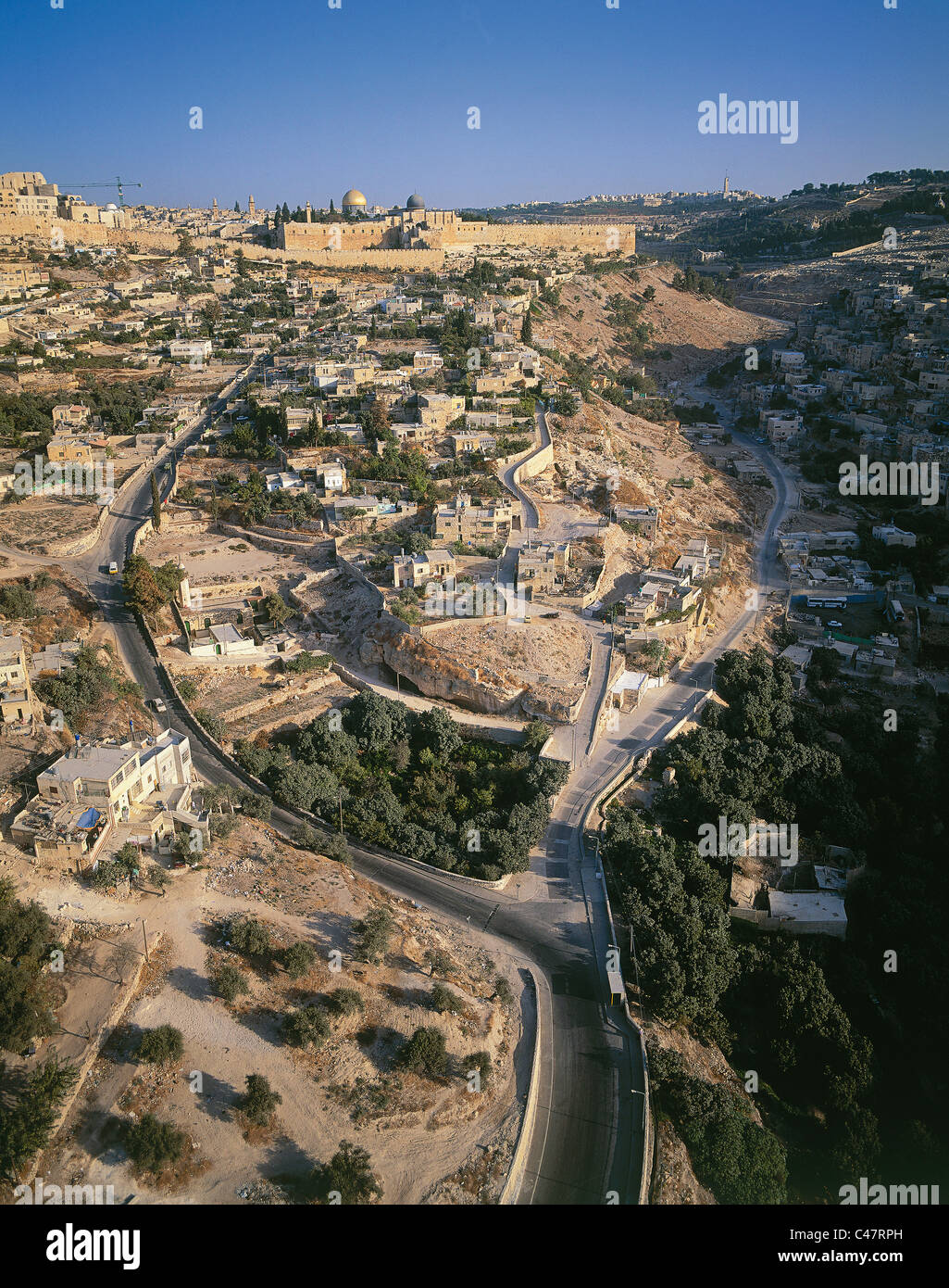 Aerial view of the city of David from the south with the Siloam pool in the foreground Stock Photo