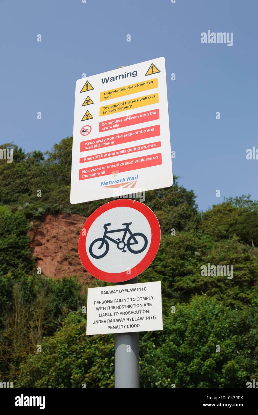 Network Rail sign post near Teignmouth sea wall south Devon Stock Photo