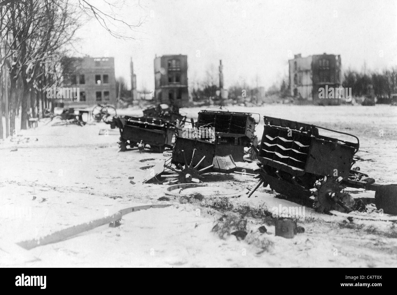 Russian ammunition wagons shot to pieces, 1914 Stock Photo