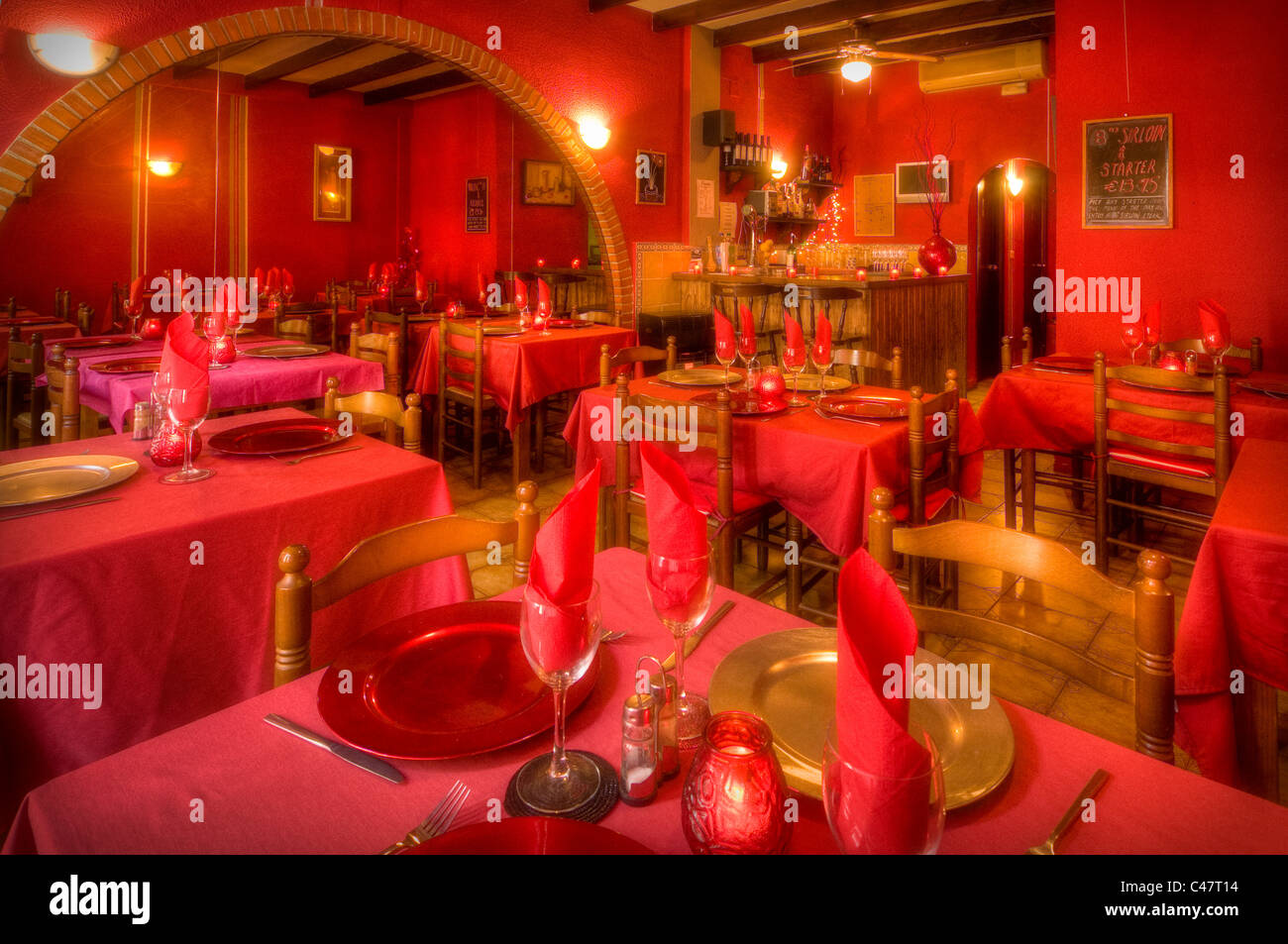 A red interior of a restaurant Stock Photo