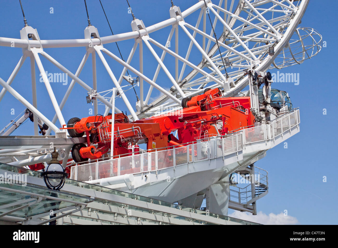 The London Eye on the South Bank of the River Thames in London.  Detail showing the drive mechanism. Stock Photo