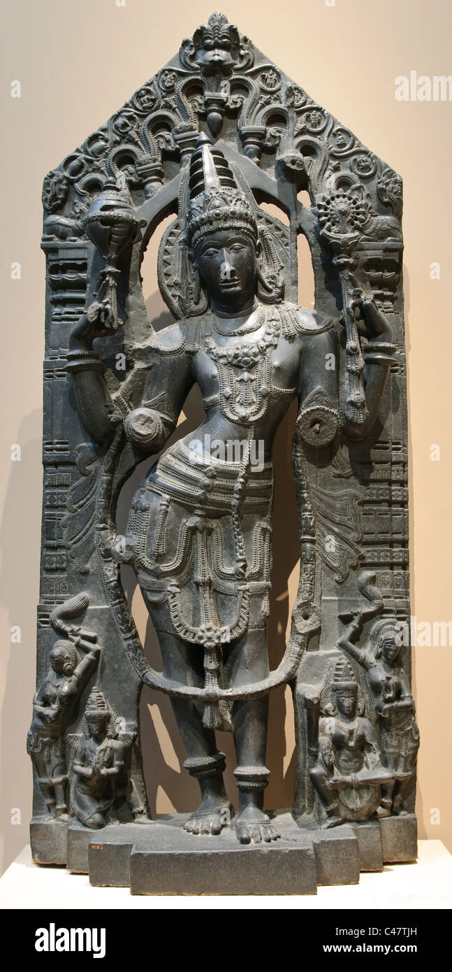 Vishnu with his Mount, Garuda, his Consort, Lakshmi, and Attendants, 12th–13th century; Kakatiya period, India, Stock Photo