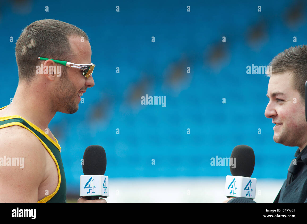 oscar pistorius being interviewed by Channel 4 after winning at paralympic world cup, manchester, may 2011 Stock Photo