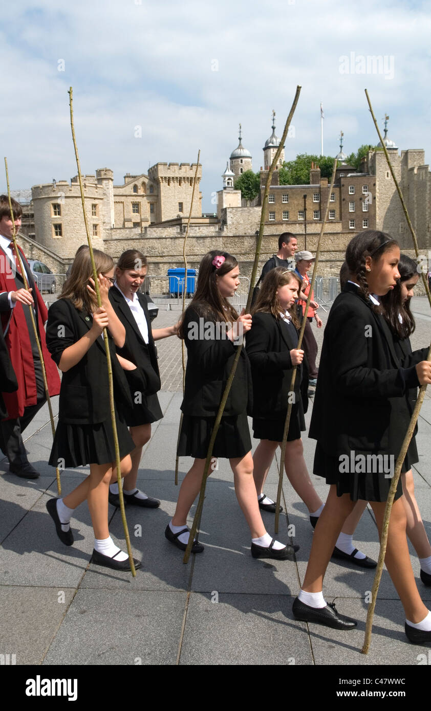 Beating the Bounds, Ascension Day at All Hallows by the Tower. City of London School children from St Dunstans College Catford, back ground Tower of London. 2011 2010s HOMER SYKES Stock Photo