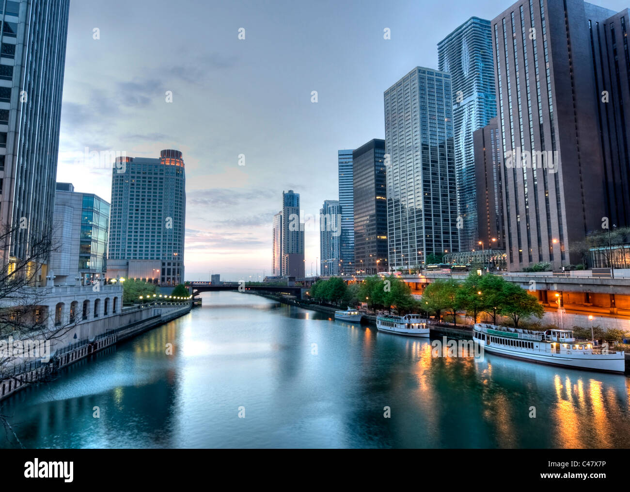 HDR of Downtown Chicago in the Early Morning. Stock Photo