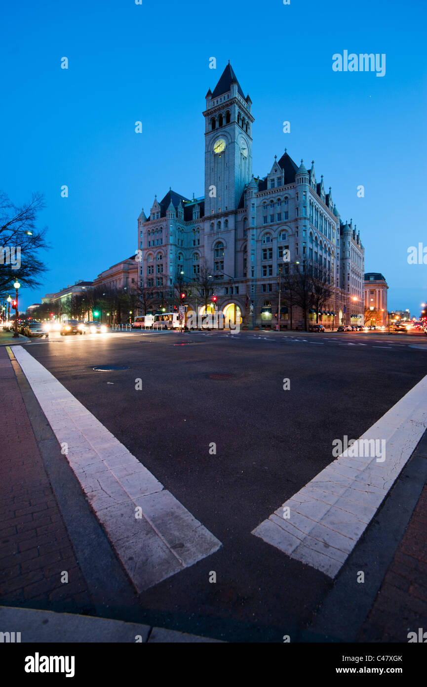Pennsylvania Avenue, Washington DC, The front of the Old Post Office Pavilion at twilight. Stock Photo