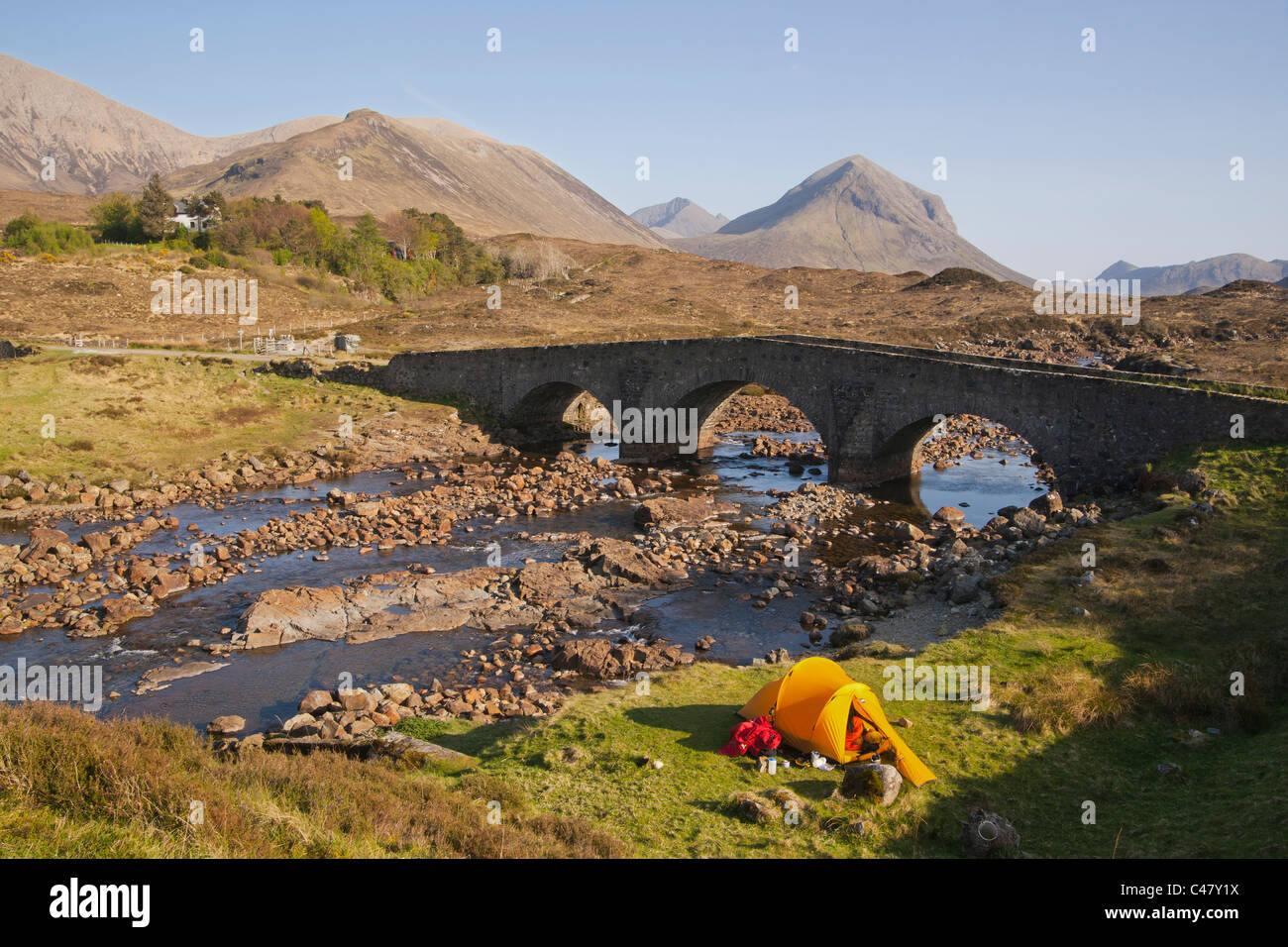 Sligachan, river, bridge, Camper, Cuillins, Isle of Skye, Highland region, Scotland Stock Photo