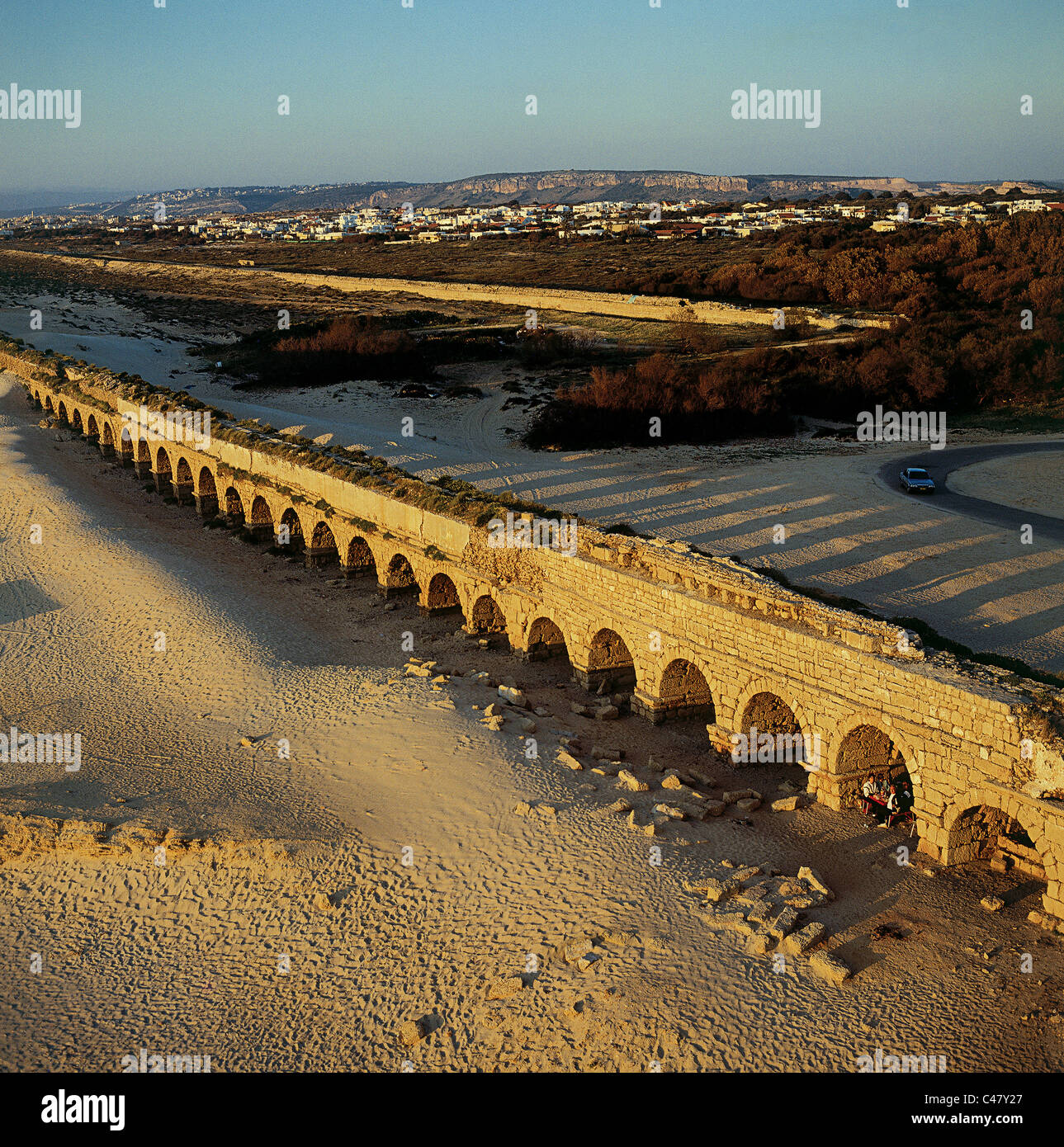 Aerial photograph of the Caesarean aqueduct at sunset Stock Photo