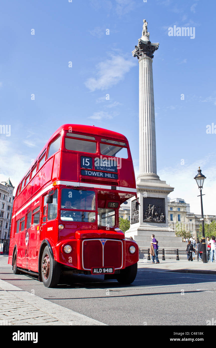 red london bus nelson column trafalgar square Stock Photo