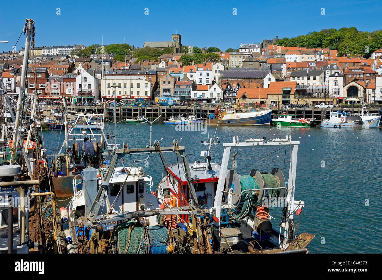 Fishing boats boat moored at the quayside Scarborough Harbour North Yorkshire England UK United Kingdom GB Great Britain Stock Photo