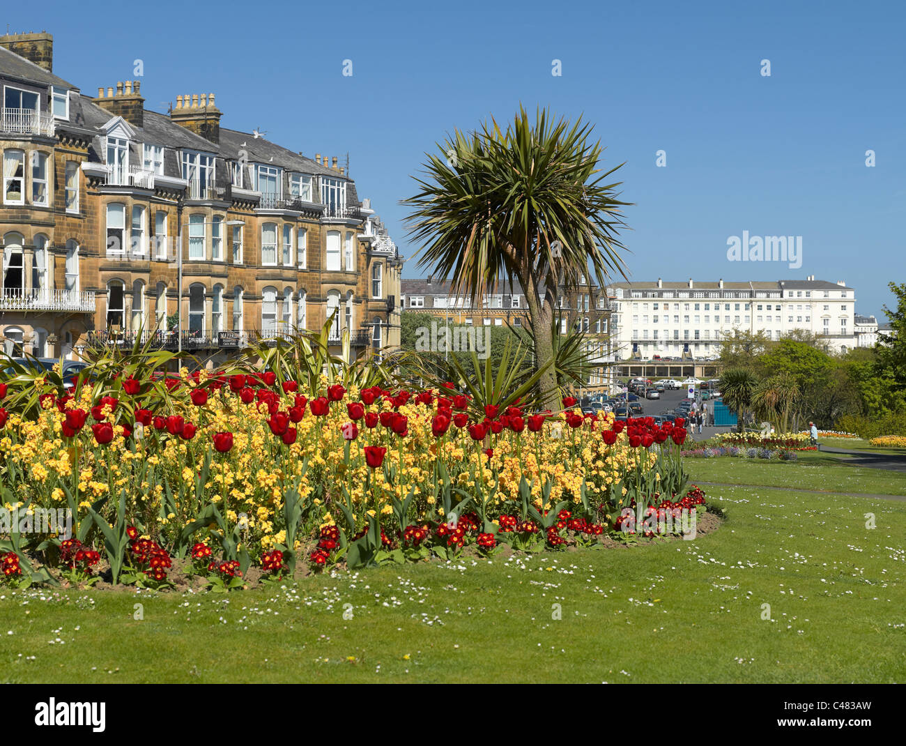 Hotels and guest houses on the seafront in spring South Cliff Scarborough North Yorkshire England UK United Kingdom GB Great Britain Stock Photo