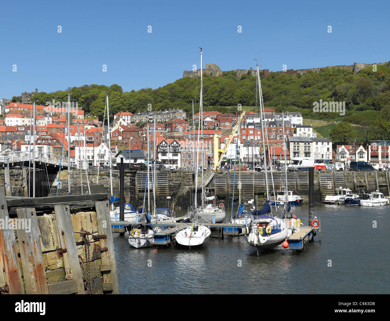 Yachts boats moored in the Inner Harbour Scarborough Marina North Yorkshire England UK United Kingdom GB Great Britain Stock Photo