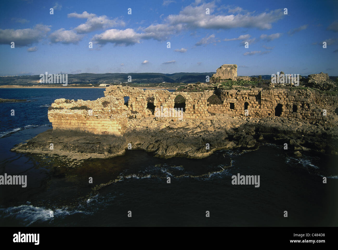 Aerial photograph of the fortress of Athlit in the coastal plain Stock Photo