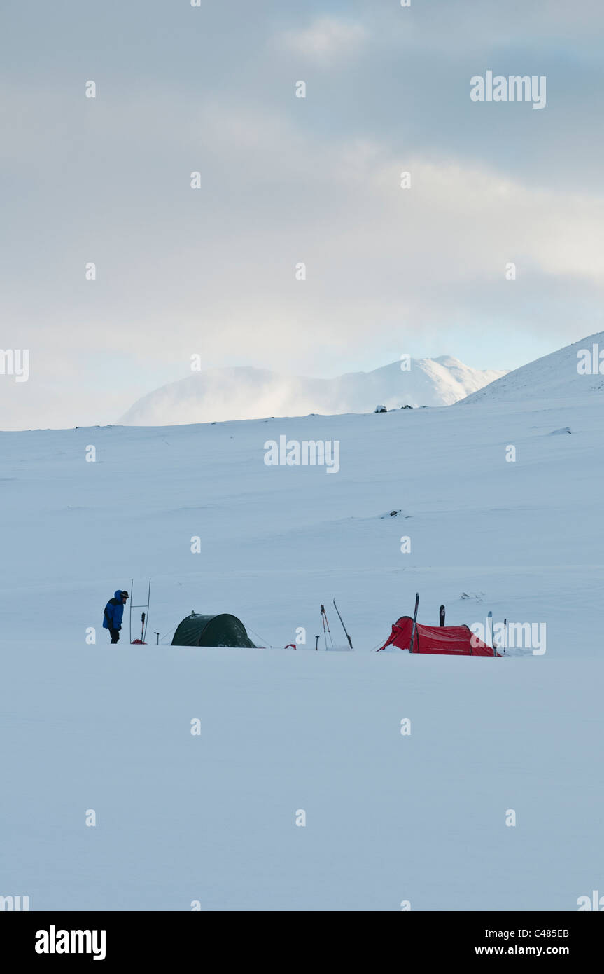 Zeltlager im Schnee, Sarek Nationalpark, Norrbotten, Lappland, Schweden Stock Photo