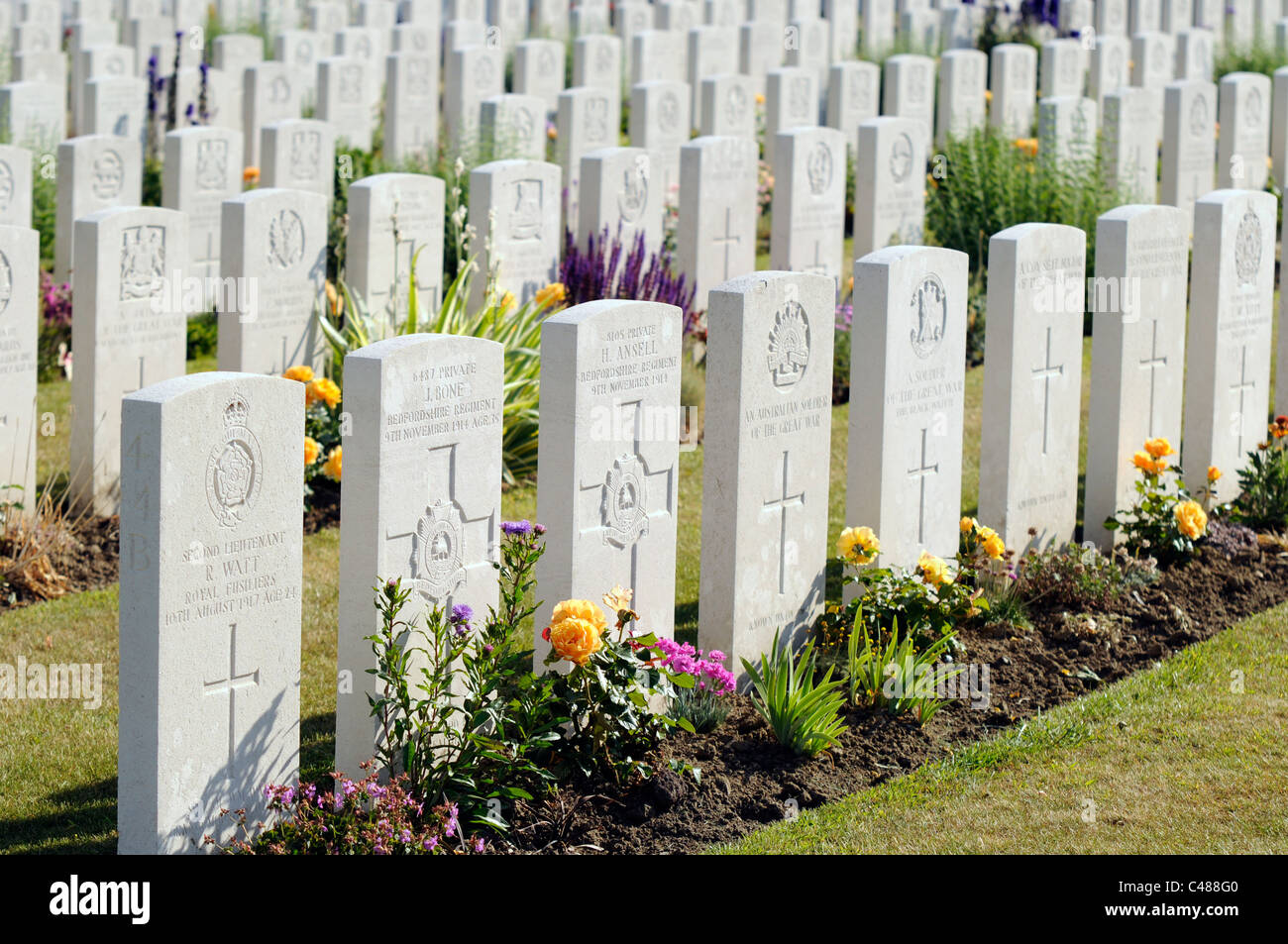 Graves at Tyne Cot, a WW1 cemetery, near Ypres, Belgium. Stock Photo