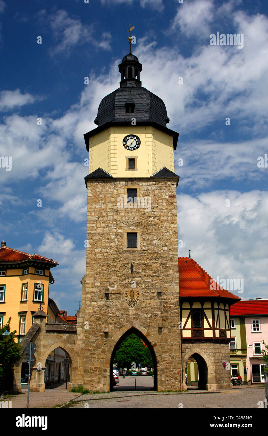 Medieval city gate Riedturm Tower, Riedplatz Square, Arnstadt, Thuringia, Germany Stock Photo