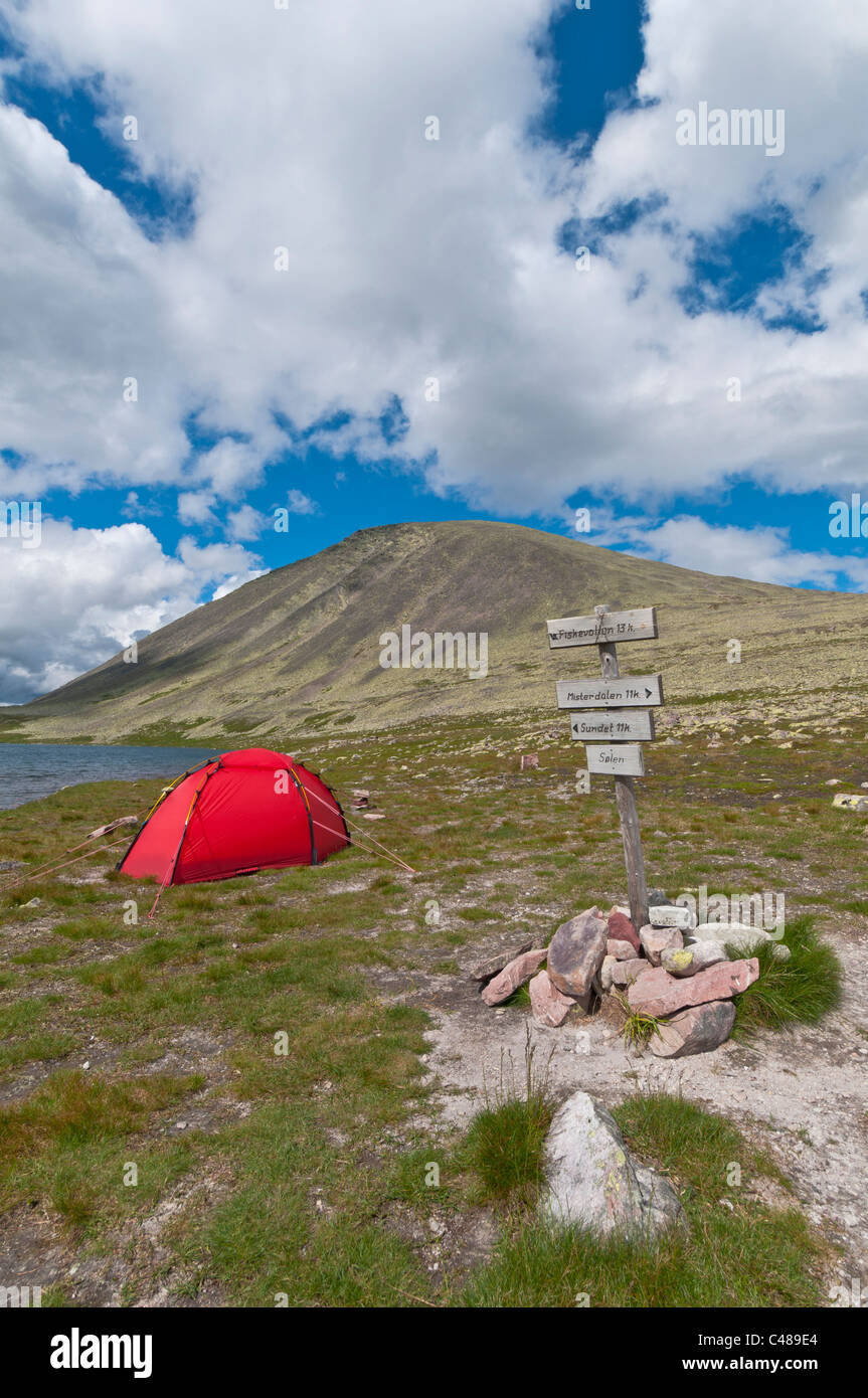 Zelt an einem Bergsee, Rendalen, Hedmark, Norwegen, Tent, Mountain lake, Norway Stock Photo