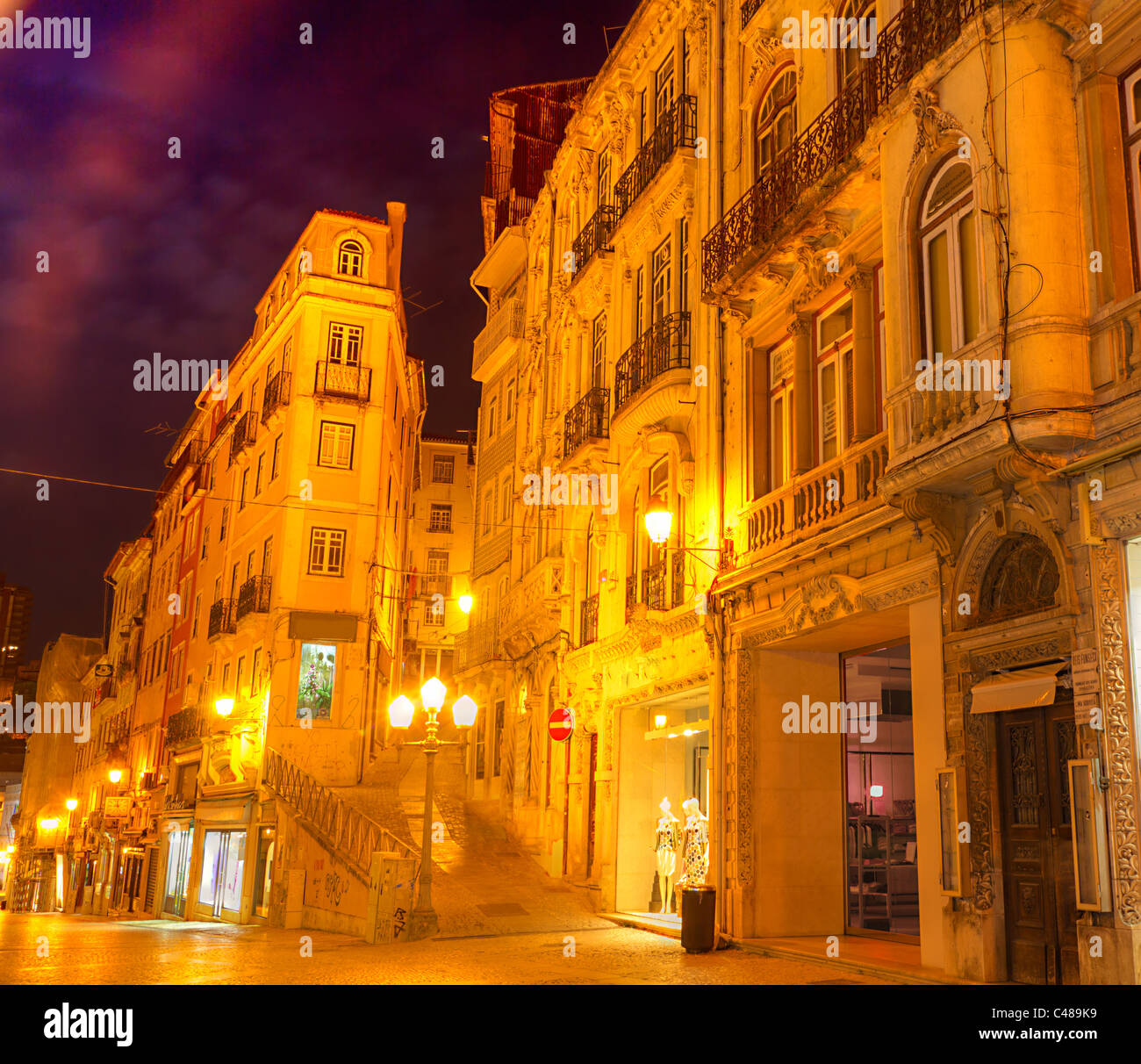 historic building and streets of upper town in Coimbra at night