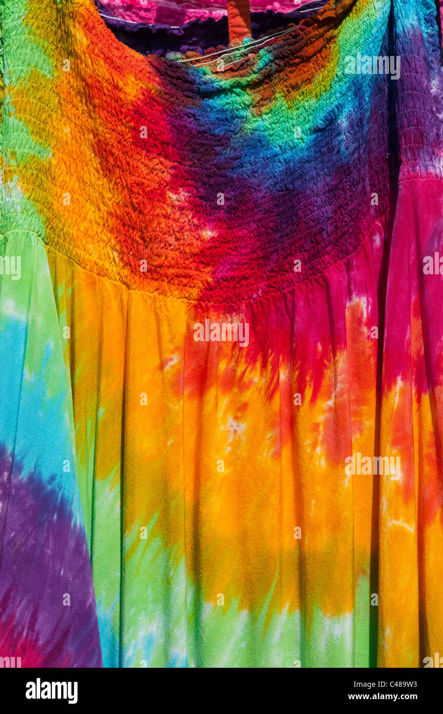 Tie-dye clothing at outdoor festival. Stock Photo