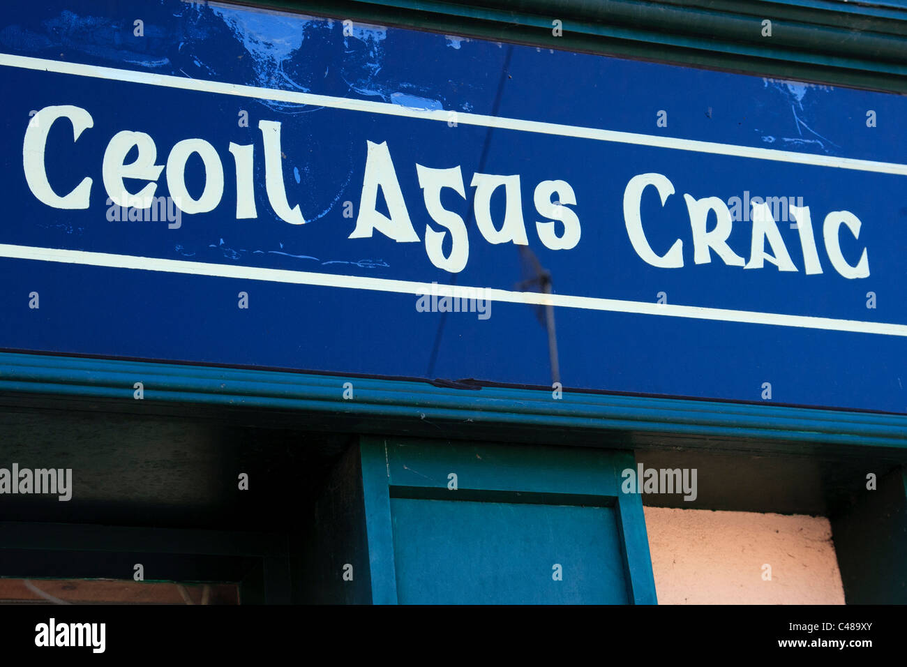 Irish bar sign - Ceol agus craic 'music and fun' Stock Photo
