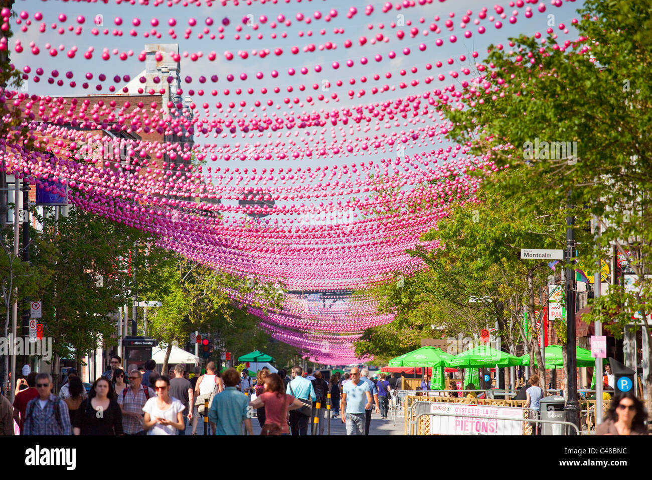 Pink balls decorating Le Village gai or the Village gay neighborhood, Montreal, Canada Stock Photo